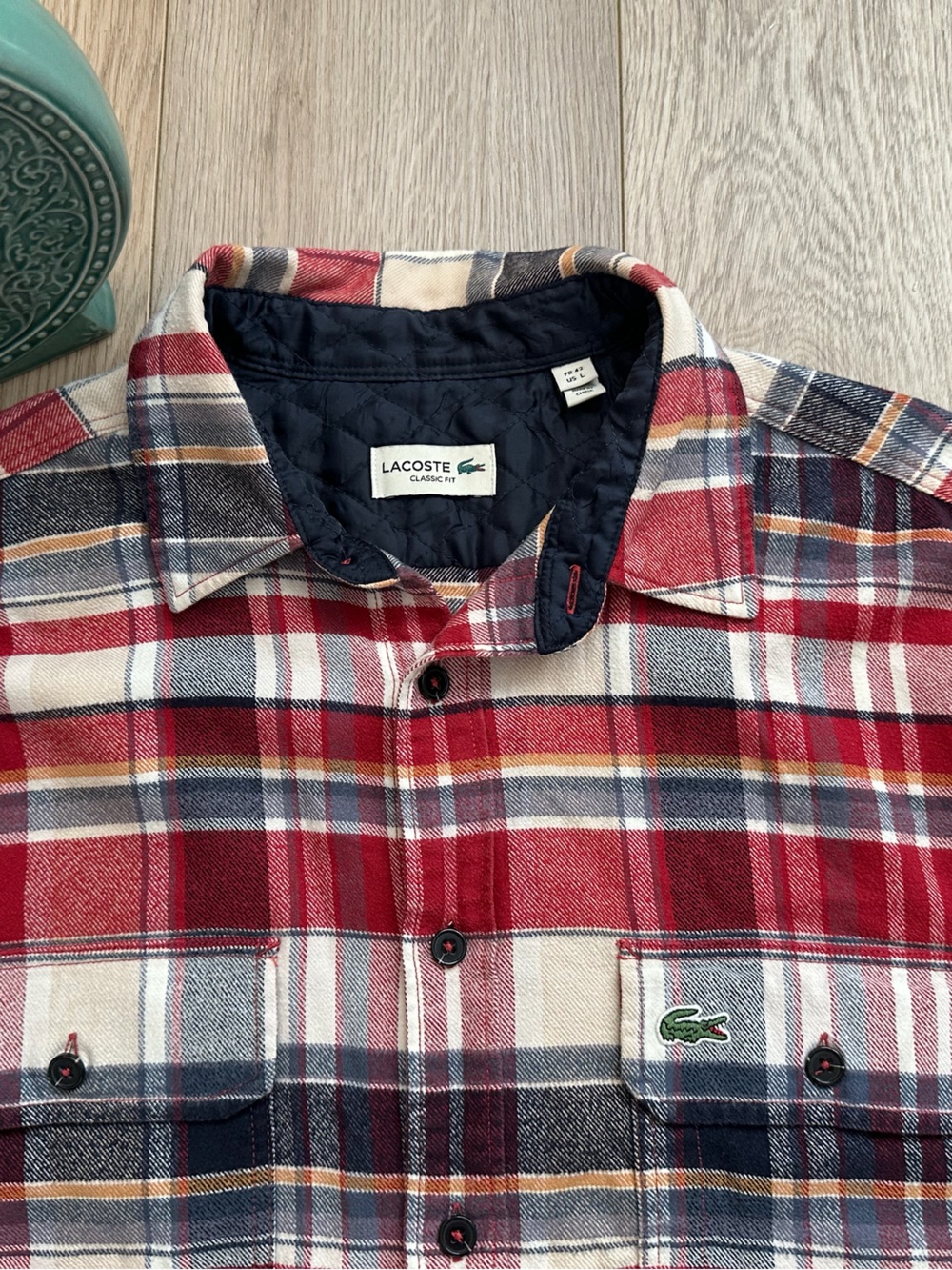 Lacoste Red Navy Plaid Button-Down Shirt classic fit Size L - Picture 6 of 10